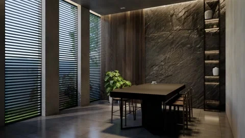 Modern dining room 3D animation, contemporary interior design with natural Video stock 295012552