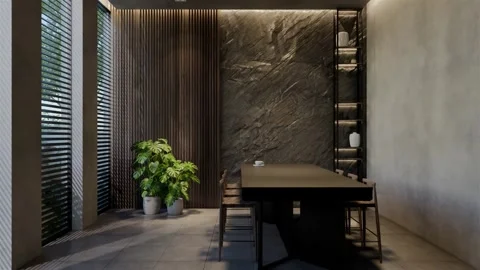 Modern dining room 3D animation, contemporary interior design with natural Video stock 295012564