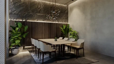 Modern dining room 3D animation, contemporary interior design with natural Video stock 295012995