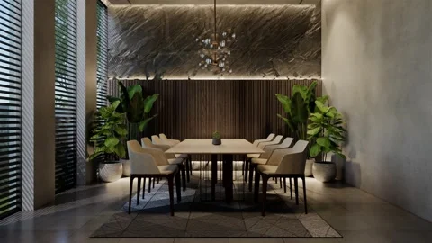 Modern dining room 3D animation, contemporary interior design with natural Video stock 295013003