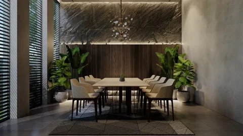 Modern dining room 3D animation, contemporary interior design with natural Stock Footage 295013011