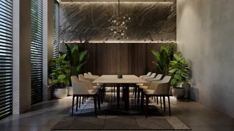 Modern dining room 3D animation, contemporary interior design with natural Stock Footage 295013021