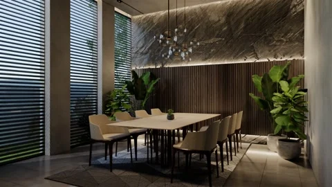 Modern dining room 3D animation, contemporary interior design with natural Stock Footage 295013022