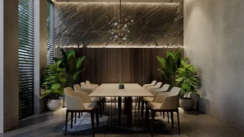 Modern dining room 3D animation, contemporary interior design with natural Stock Footage 295013050