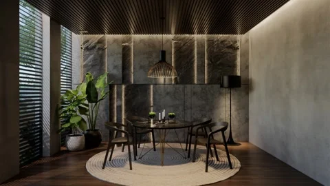Modern dining room 3D animation, contemporary interior design with natural Stock Footage 295013945