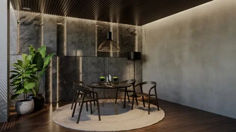 Modern dining room 3D animation, contemporary interior design with natural Stock Footage 295013948