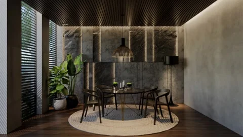 Modern dining room 3D animation, contemporary interior design with natural Stock Footage 295013951
