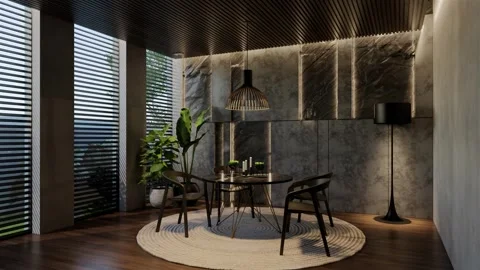 Modern dining room 3D animation, contemporary interior design with natural Stock Footage 295013952