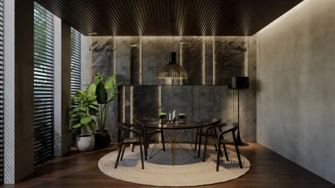 Modern dining room 3D animation, contemporary interior design with natural Stock Footage 295013954
