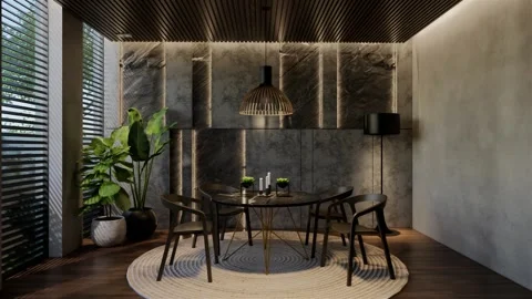 Modern dining room 3D animation, contemporary interior design with natural Stock Footage 295013986