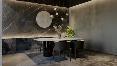 Modern dining room 3D animation, contemporary interior design with natural Stock Footage 295014161