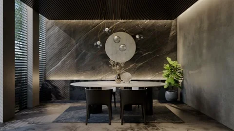 Modern dining room 3D animation, contemporary interior design with natural Stock Footage 295014163