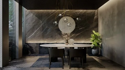 Modern dining room 3D animation, contemporary interior design with natural Stock Footage 295014167