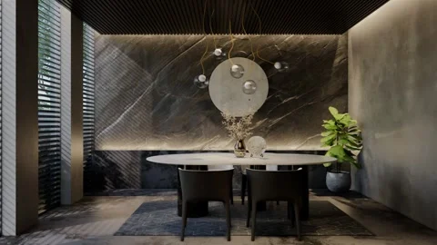 Modern dining room 3D animation, contemporary interior design with natural Stock Footage 295014174