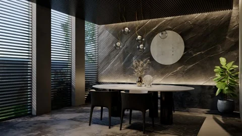 Modern dining room 3D animation, contemporary interior design with natural Stock Footage 295014177