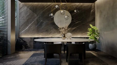 Modern dining room 3D animation, contemporary interior design with natural Stock Footage 295014199