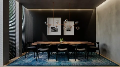 Modern dining room 3D animation, contemporary interior design with natural Stock Footage 295014439