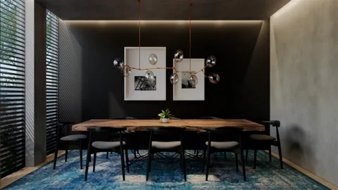 Modern dining room 3D animation, contemporary interior design with natural Stock Footage 295014448