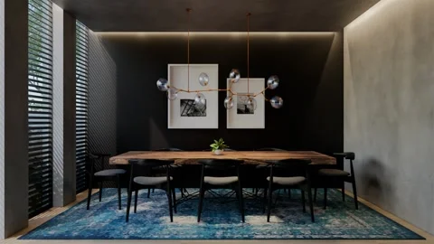 Modern dining room 3D animation, contemporary interior design with natural Stock Footage 295014449