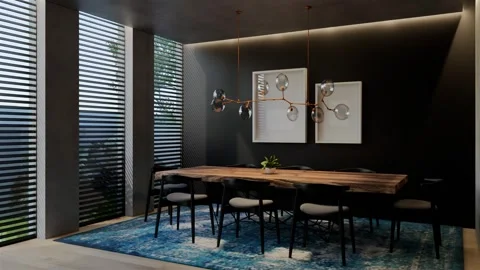 Modern dining room 3D animation, contemporary interior design with natural Stock Footage 295014450