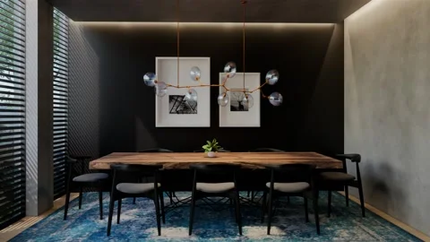 Modern dining room 3D animation, contemporary interior design with natural Stock Footage 295014469