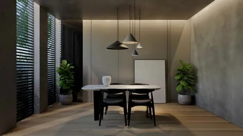 Modern dining room 3D animation, contemporary interior design with natural Stock Footage 295014779