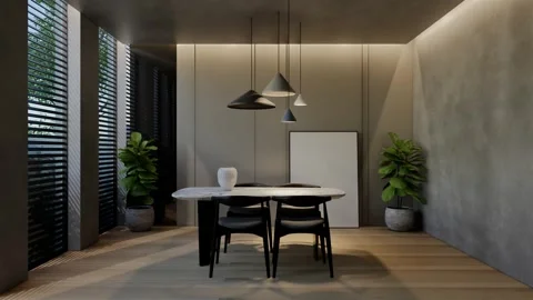 Modern dining room 3D animation, contemporary interior design with natural Stock Footage 295014780