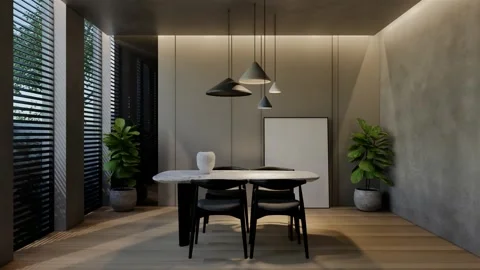 Modern dining room 3D animation, contemporary interior design with natural Stock Footage 295014781