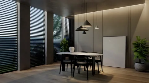 Modern dining room 3D animation, contemporary interior design with natural Stock Footage 295014790