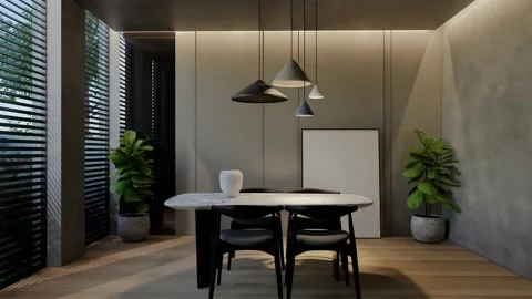Modern dining room 3D animation, contemporary interior design with natural Stock Footage 295014791
