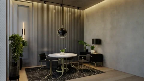 Modern dining room 3D animation, contemporary interior design with natural Stock Footage 295016199