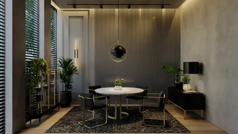 Modern dining room 3D animation, contemporary interior design with natural Stock Footage 295016216
