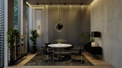 Modern dining room 3D animation, contemporary interior design with natural Stock Footage 295016217