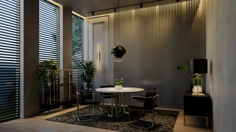 Modern dining room 3D animation, contemporary interior design with natural Stock Footage 295016219