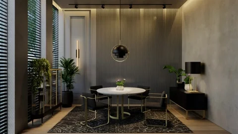 Modern dining room 3D animation, contemporary interior design with natural Stock Footage 295016227