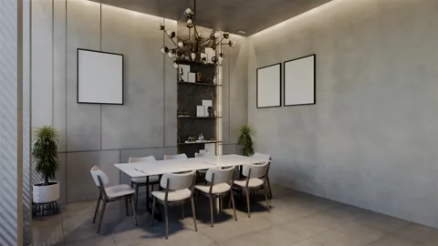Modern dining room 3D animation, contemporary interior design with natural Stock Footage 295016701