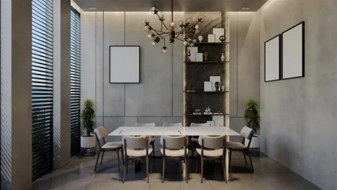 Modern dining room 3D animation, contemporary interior design with natural Stock Footage 295016718