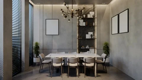 Modern dining room 3D animation, contemporary interior design with natural Stock Footage 295016719