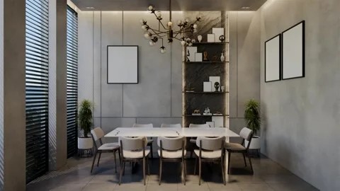 Modern dining room 3D animation, contemporary interior design with natural Stock Footage 295016720