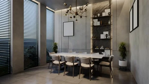 Modern dining room 3D animation, contemporary interior design with natural Stock Footage 295016727