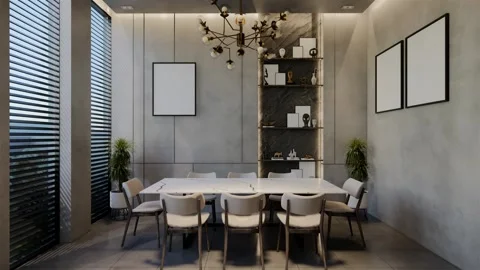 Modern dining room 3D animation, contemporary interior design with natural Stock Footage 295016771