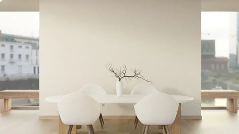 Modern dining room with blank wall and panoramic city view Stock Illustration