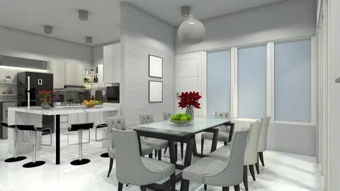 Modern Dining Room Design Integrate with Kitchen and Bar Table Illustration