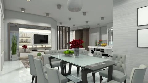 Modern Dining Room Design with Set Glass Table and Living Room with TV Cabinet 스톡 일러스트