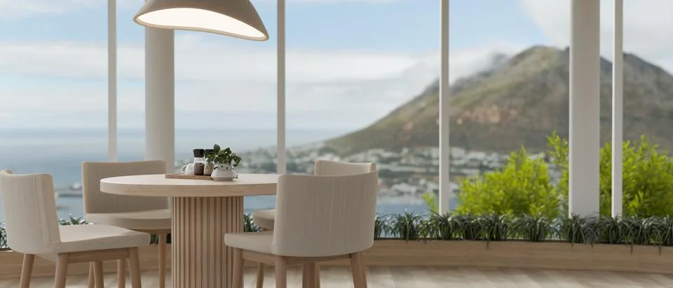 A modern dining room with a dining table near the window with a beautiful s.. Stock Illustration