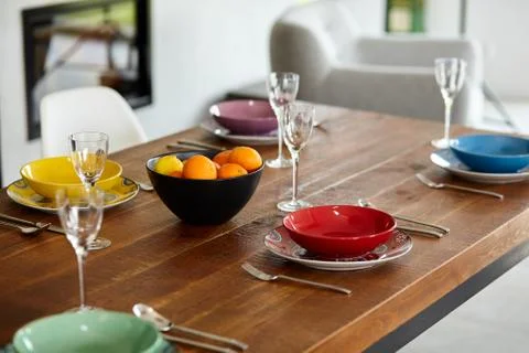 Modern dining room with dining table.  Small depth of field Stock Photos
