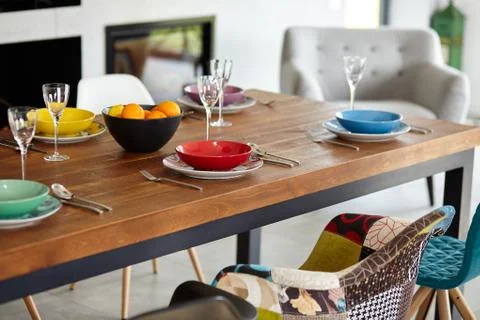 Modern dining room with dining table.  Small depth of field Foto stock