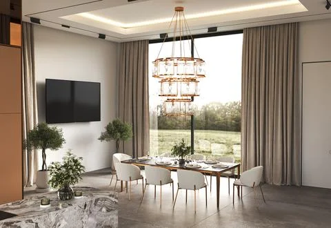 Modern dining room featuring an elegant chandelier and a scenic view of the Stock-Illustration