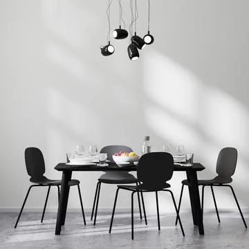 Modern dining room interior with black table and chairs and white wall with s Stock Illustration