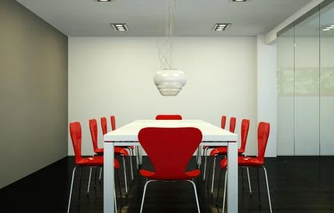 Modern dining room interior design big table behind glas Stock Illustration